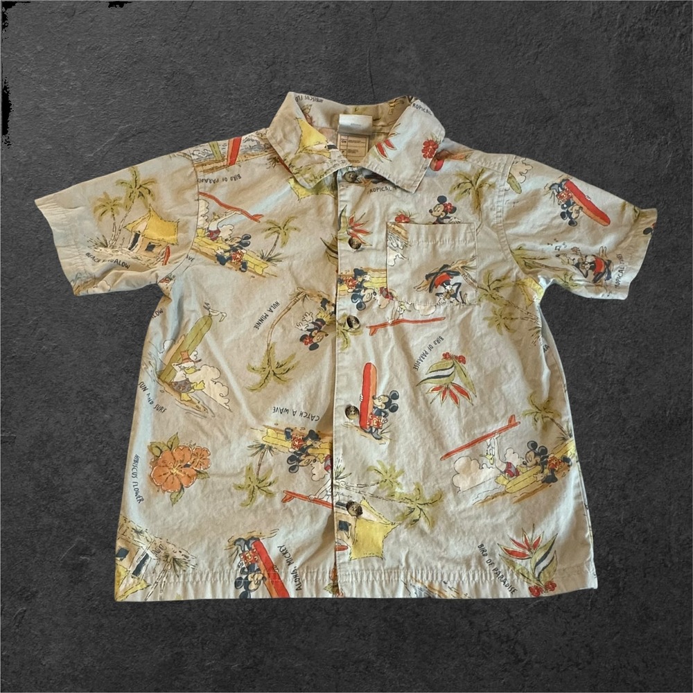 Disney Shopping Hawaiian Cotton Shirt Kids Small Mickey Mouse Tropical Aloha EUC